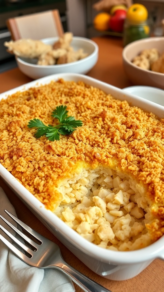 Freezer-Friendly Chicken and Rice Casserole A golden brown chicken and rice casserole in a white dish, garnished with parsley, on a wooden table.